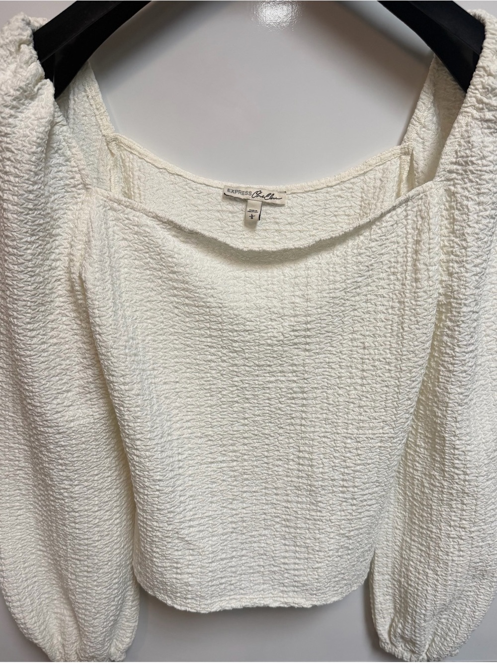 Express Cream Textured Square-Neck Puff Sleeve Blouse